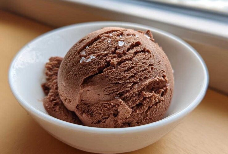 A close-up of a scoop of rich chocolate protein ice cream topped with flaky sea salt in a white bowl.