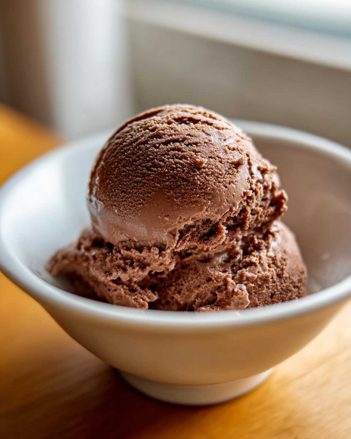 Two scoops of rich, dark chocolate protein ice cream served in a small white bowl.
