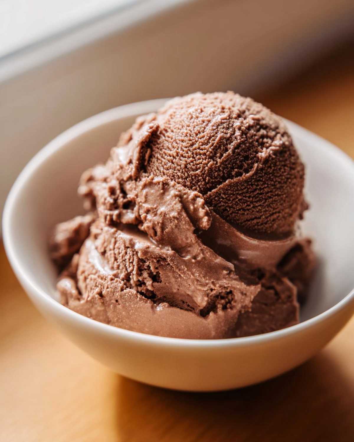 Close-up of rich chocolate protein ice cream scoops served in a small white bowl.