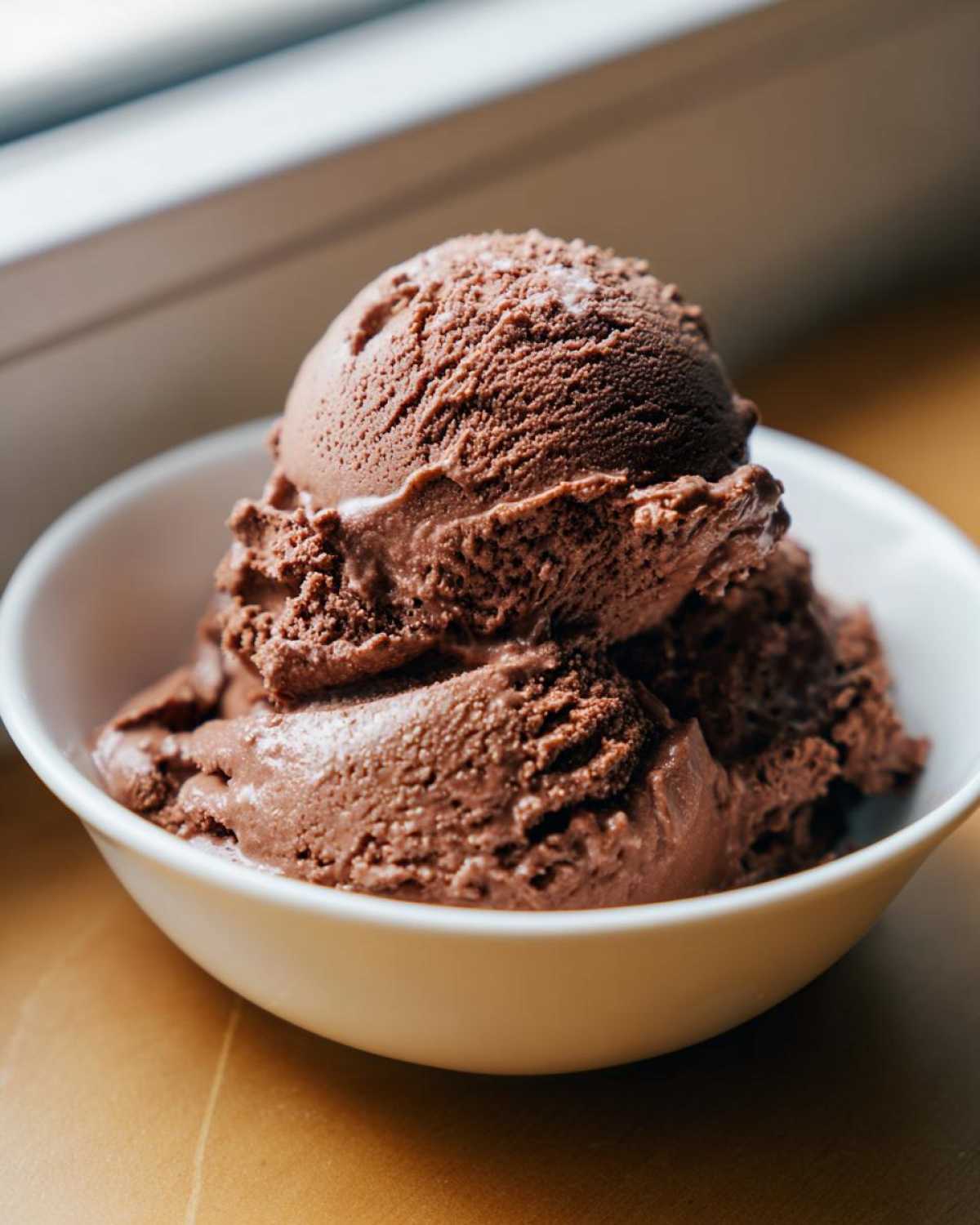 Three generous scoops of dark chocolate protein ice cream served in a small white bowl.