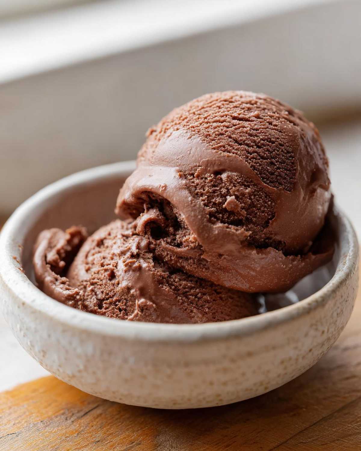 Two scoops of rich chocolate protein ice cream served in a small, rustic ceramic bowl.