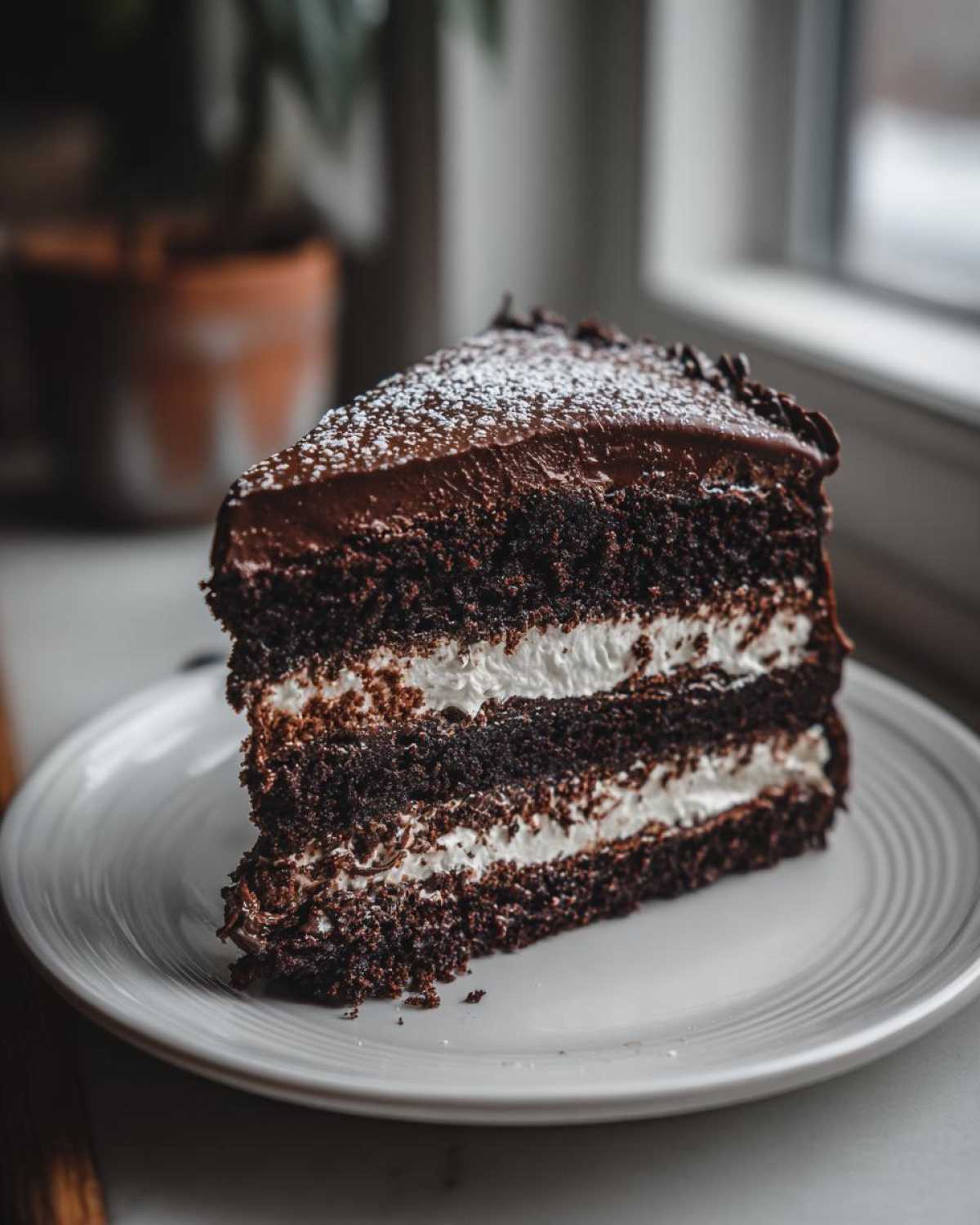 A close-up of a decadent slice of chocolate yule log cake with white cream filling, dusted with powdered sugar.
