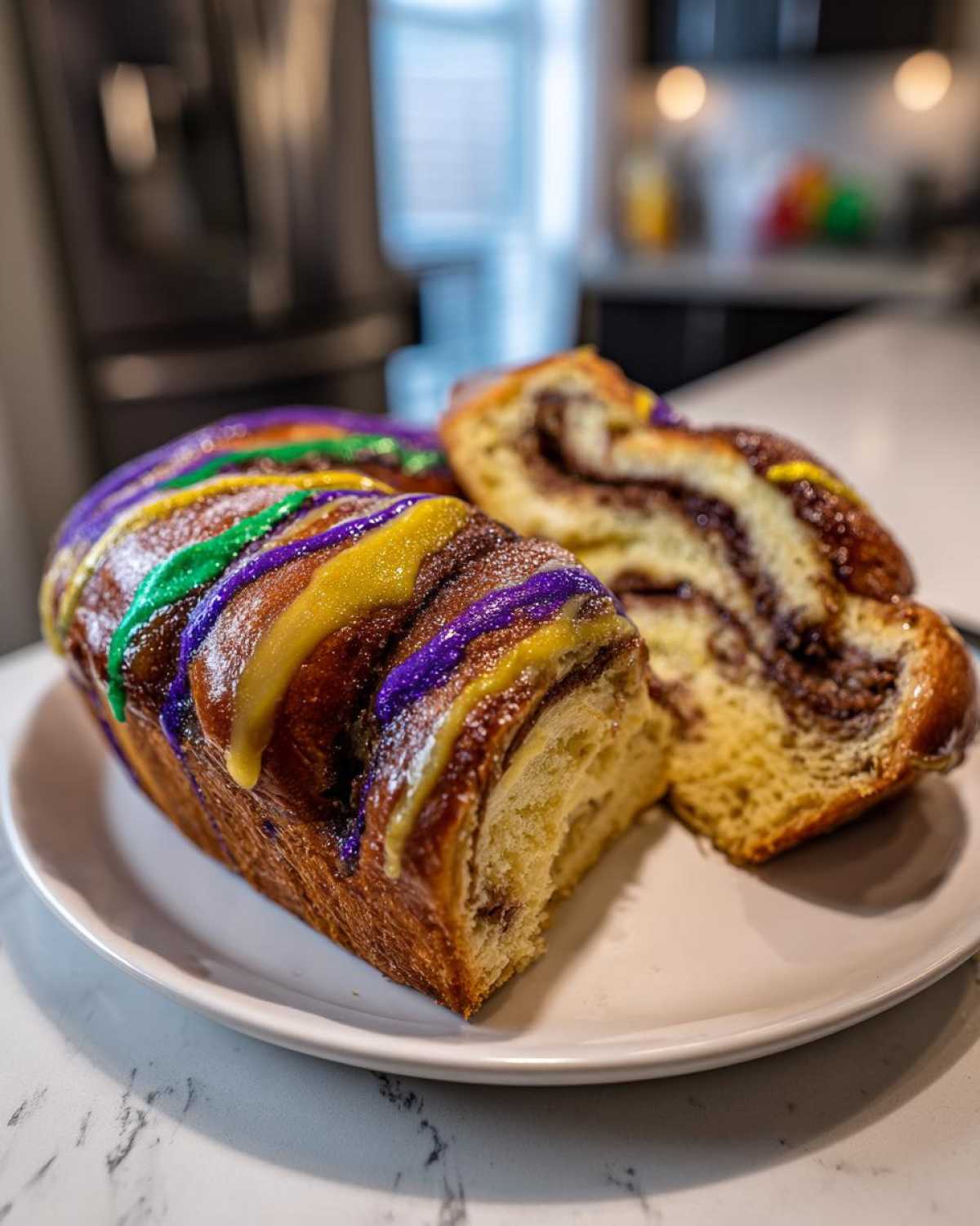 A loaf of homemade king cake, drizzled with purple, green, and gold icing, sliced to show the chocolate swirl filling.