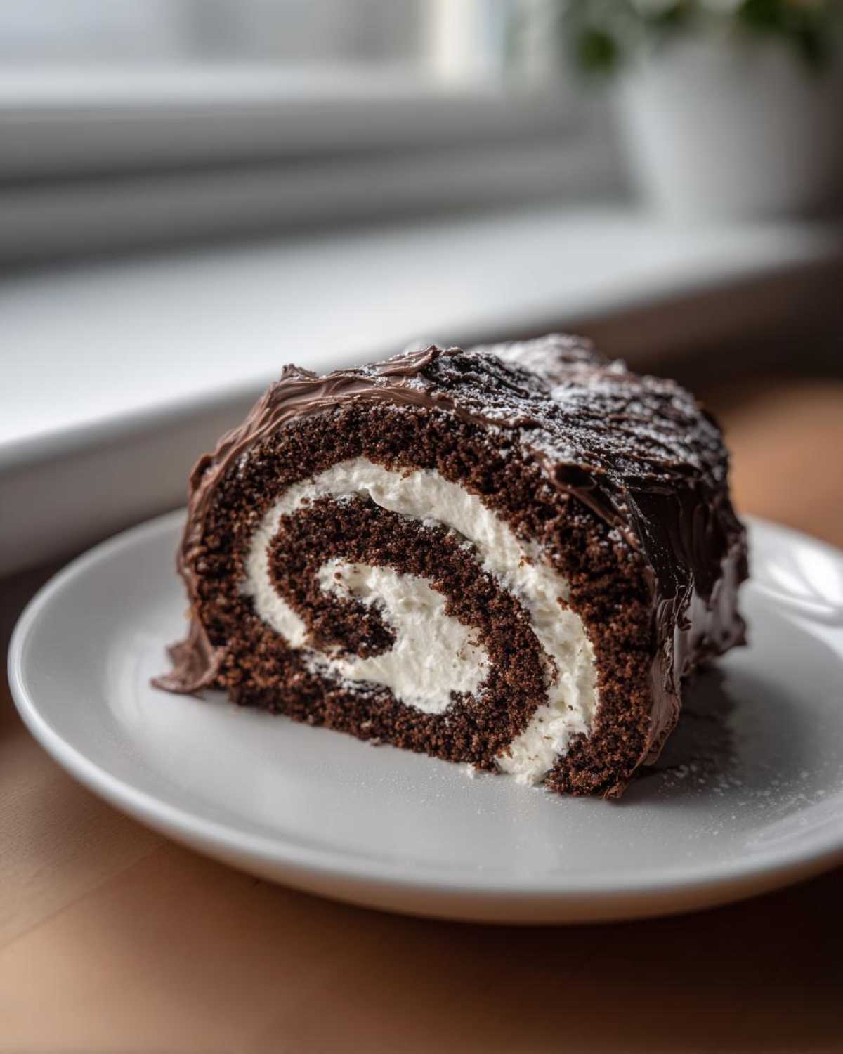 A close-up of a slice of rich chocolate yule log cake showing the dark sponge and white cream swirl filling.