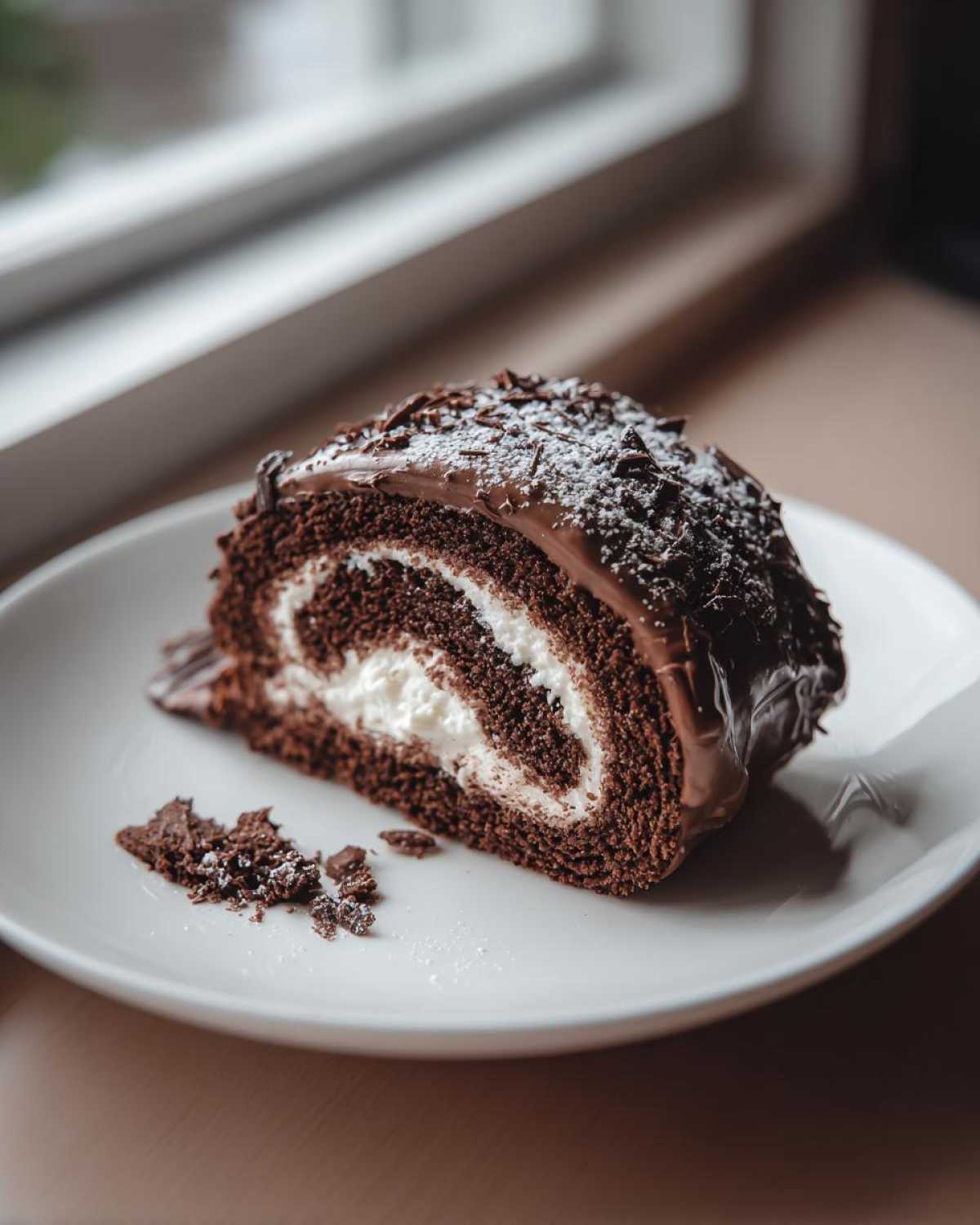 A decadent slice of chocolate yule log cake showing a swirl of white cream filling, topped with ganache and shavings.