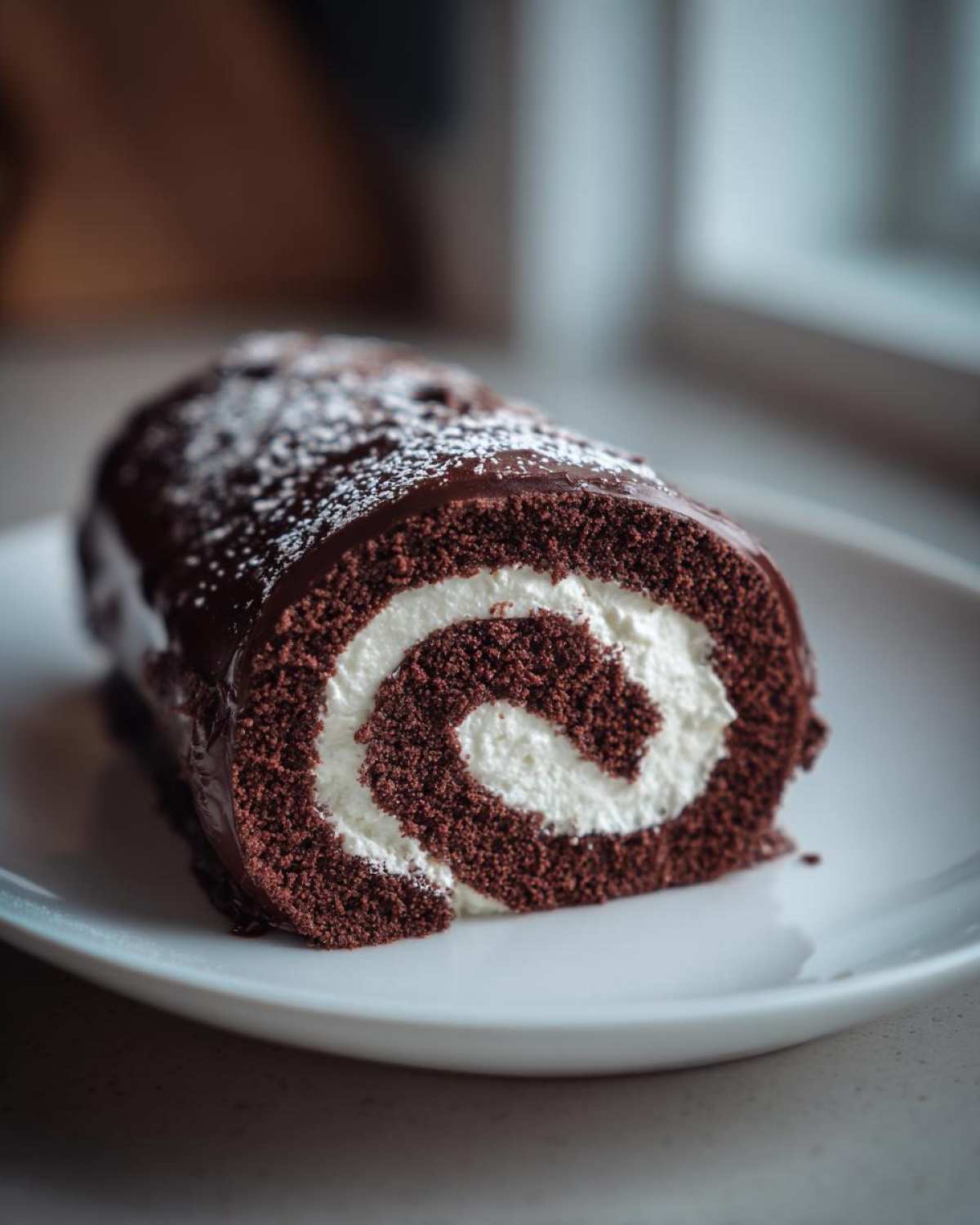 Close-up of a slice of chocolate yule log cake showing a perfect swirl of dark cake and white cream filling.