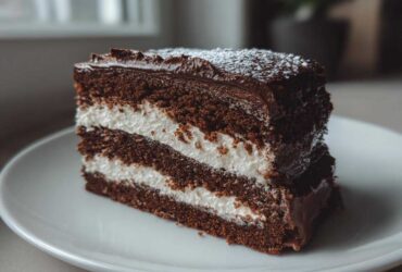 A rich slice of chocolate yule log cake featuring dark sponge layers and thick white cream filling, topped with ganache.
