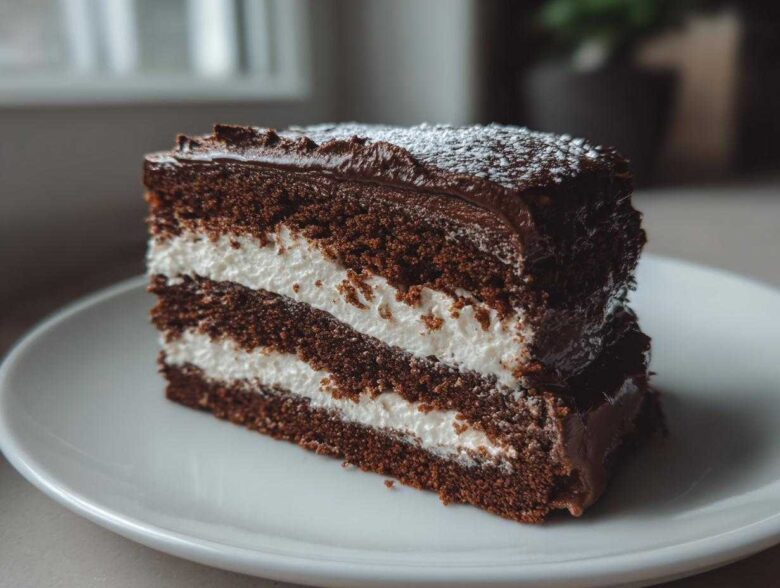 A rich slice of chocolate yule log cake featuring dark sponge layers and thick white cream filling, topped with ganache.