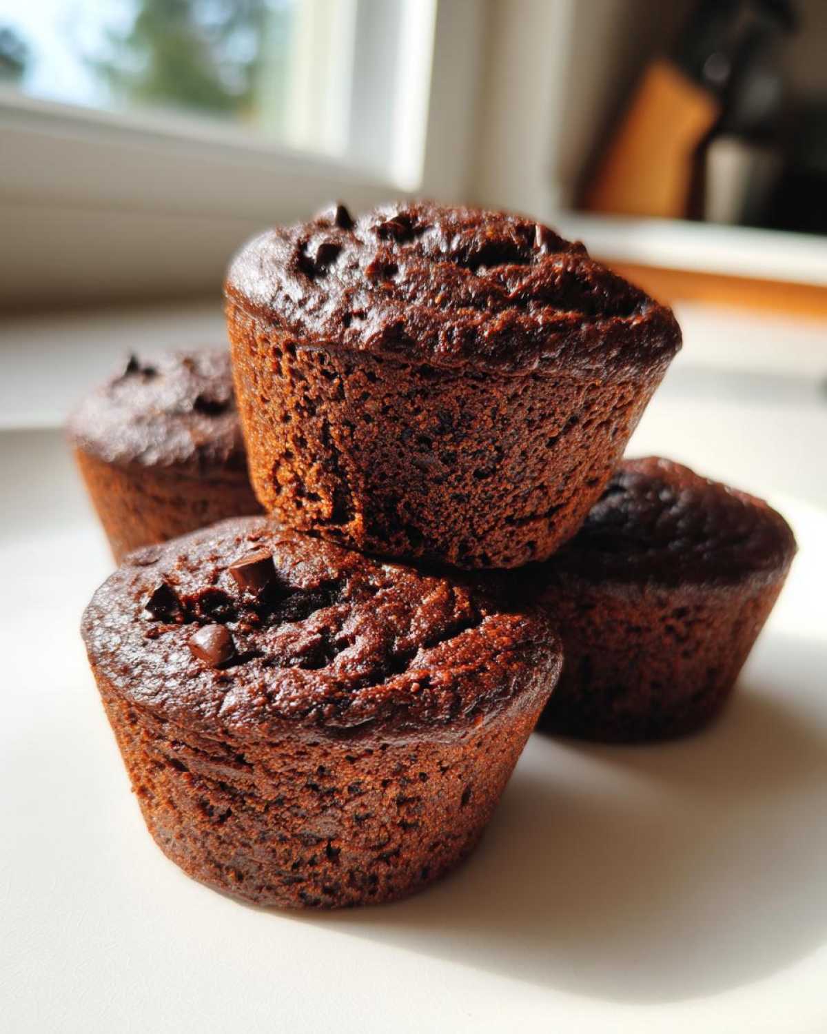A close-up stack of four moist, dark chocolate zucchini muffins topped with chocolate chips, lit by window light.