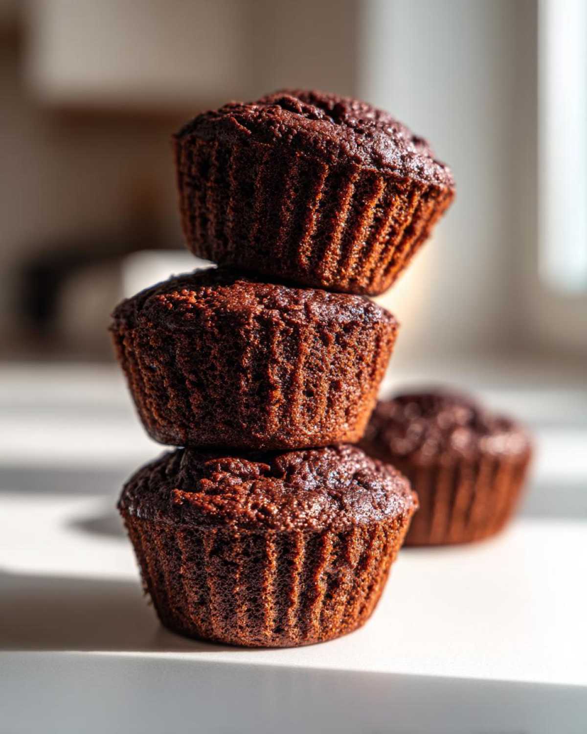 Three dark, rich chocolate zucchini muffins stacked vertically, illuminated by strong sunlight.