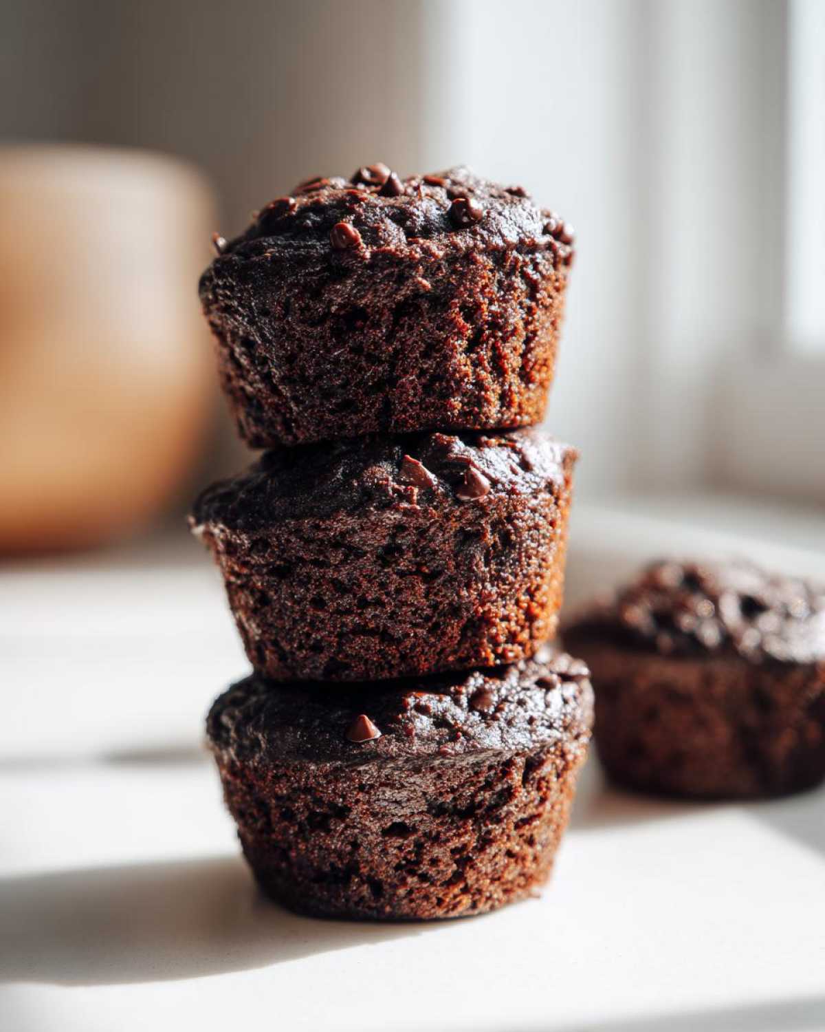 A stack of three moist, dark chocolate zucchini muffins topped with chocolate chips, sitting on a white surface.