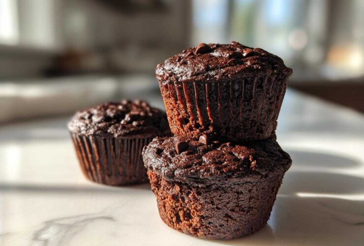 A stack of two moist chocolate zucchini muffins topped with chocolate chips, with a third muffin blurred in the background.