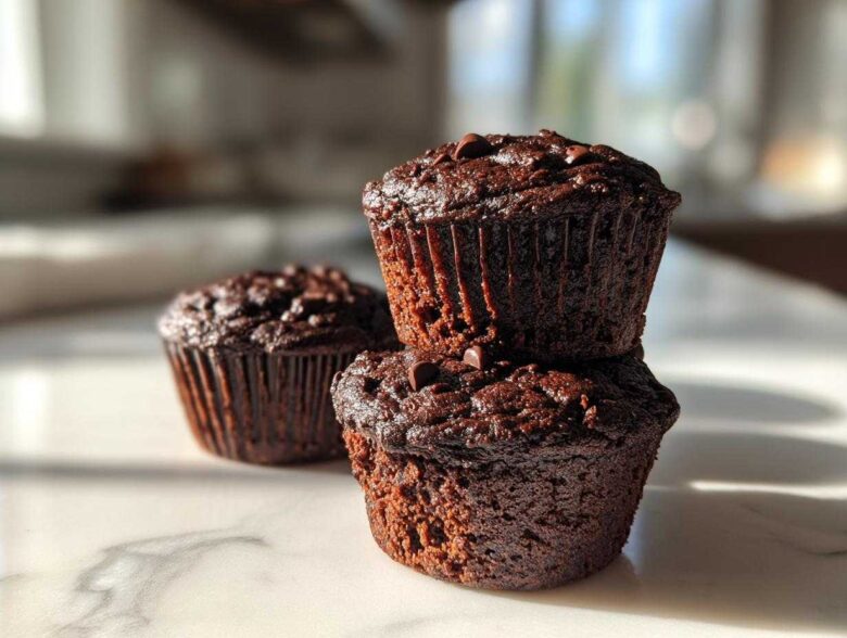 A stack of two moist chocolate zucchini muffins topped with chocolate chips, with a third muffin blurred in the background.