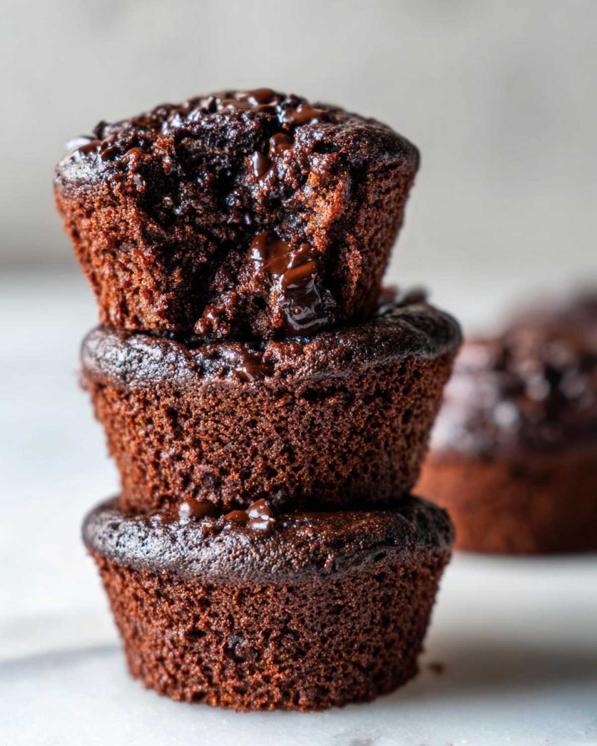 A stack of three rich, dark chocolate zucchini muffins, with the top one showing melted chocolate oozing out.