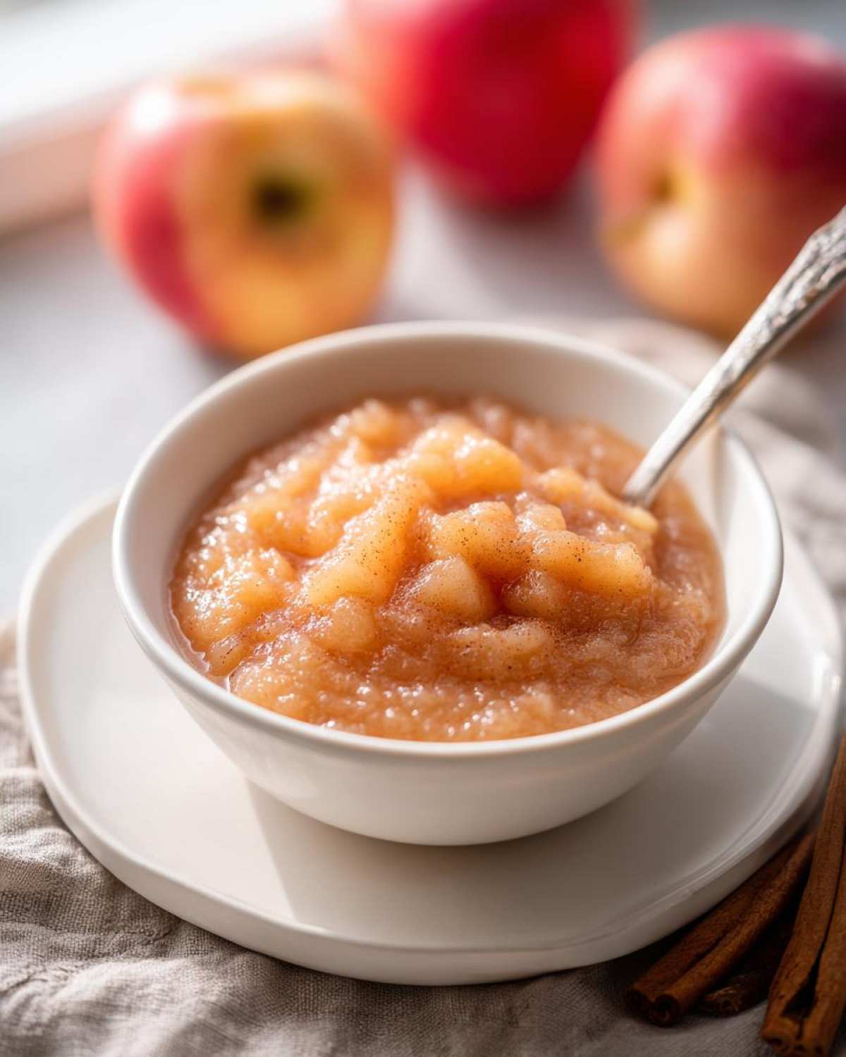 Close-up of chunky homemade applesauce sprinkled with cinnamon in a white bowl, with fresh apples in the background.