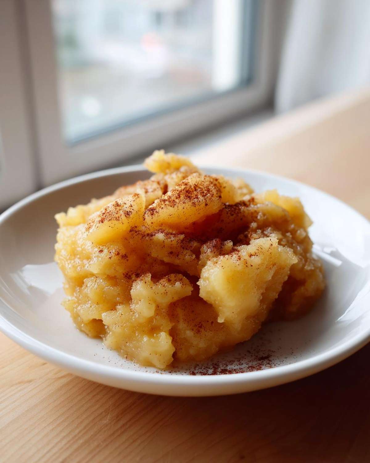 A serving of chunky homemade applesauce sprinkled generously with cinnamon in a white bowl.