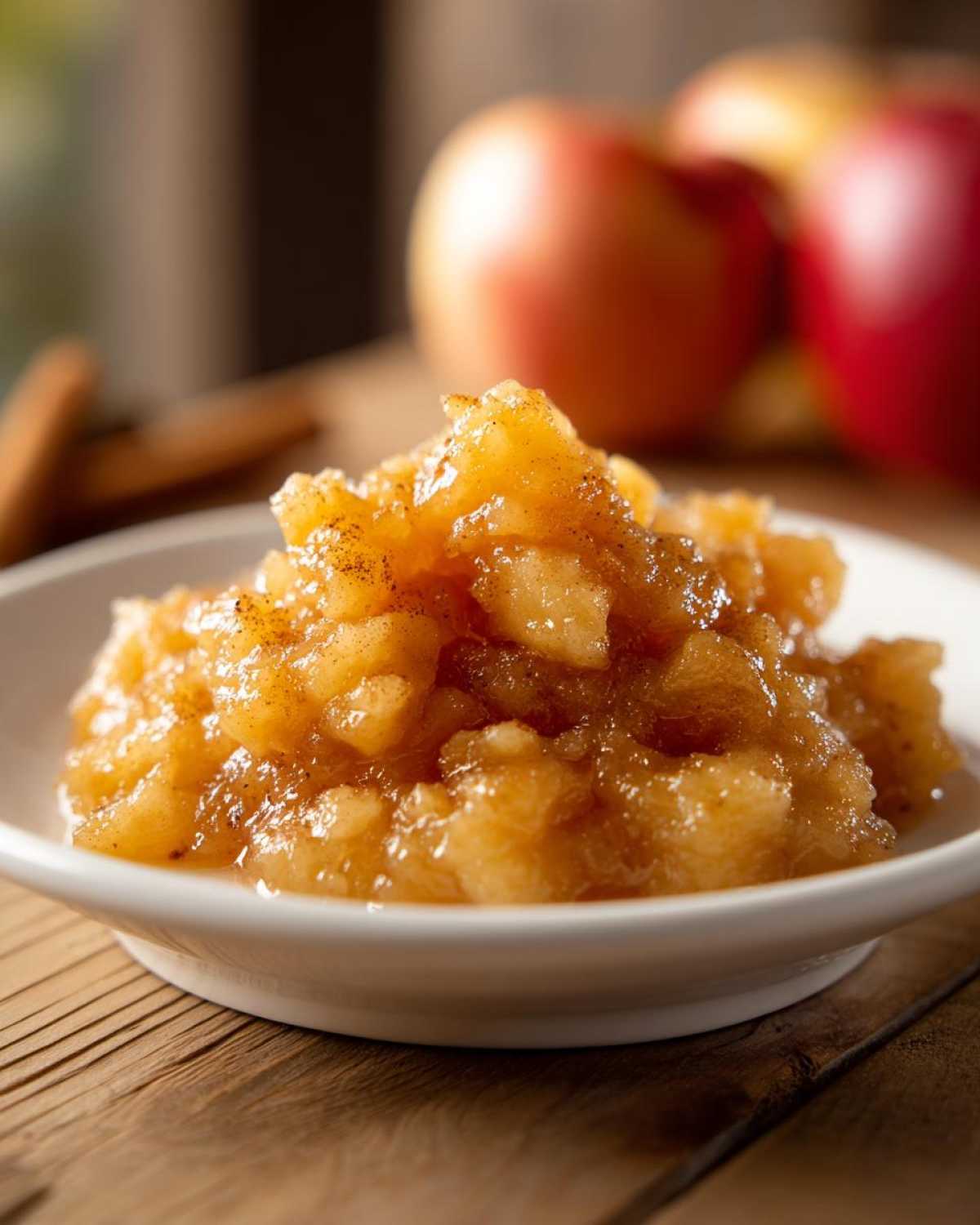 Close-up of chunky homemade applesauce, seasoned with cinnamon, served in a white bowl.