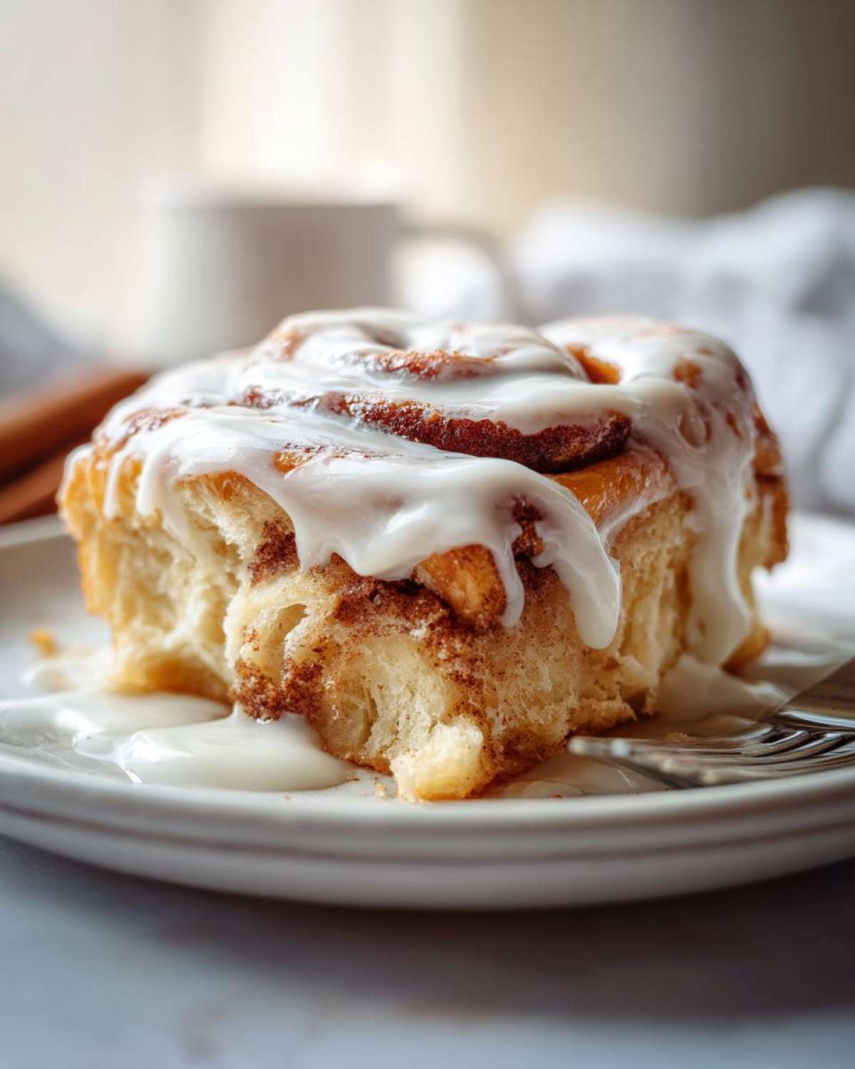 A close-up of a soft, gooey piece of cinnamon roll casserole topped with thick white icing.