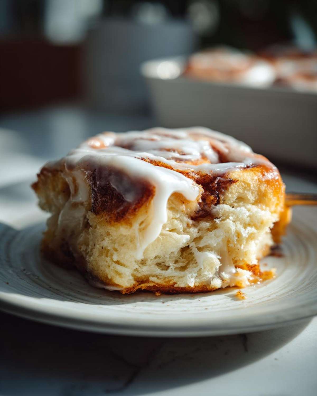A close-up of a soft, fluffy piece of cinnamon roll casserole topped with thick white icing.