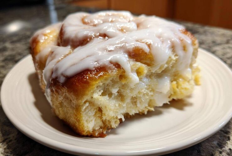 A close-up of a single, fluffy serving from a cinnamon roll casserole, generously topped with white icing.