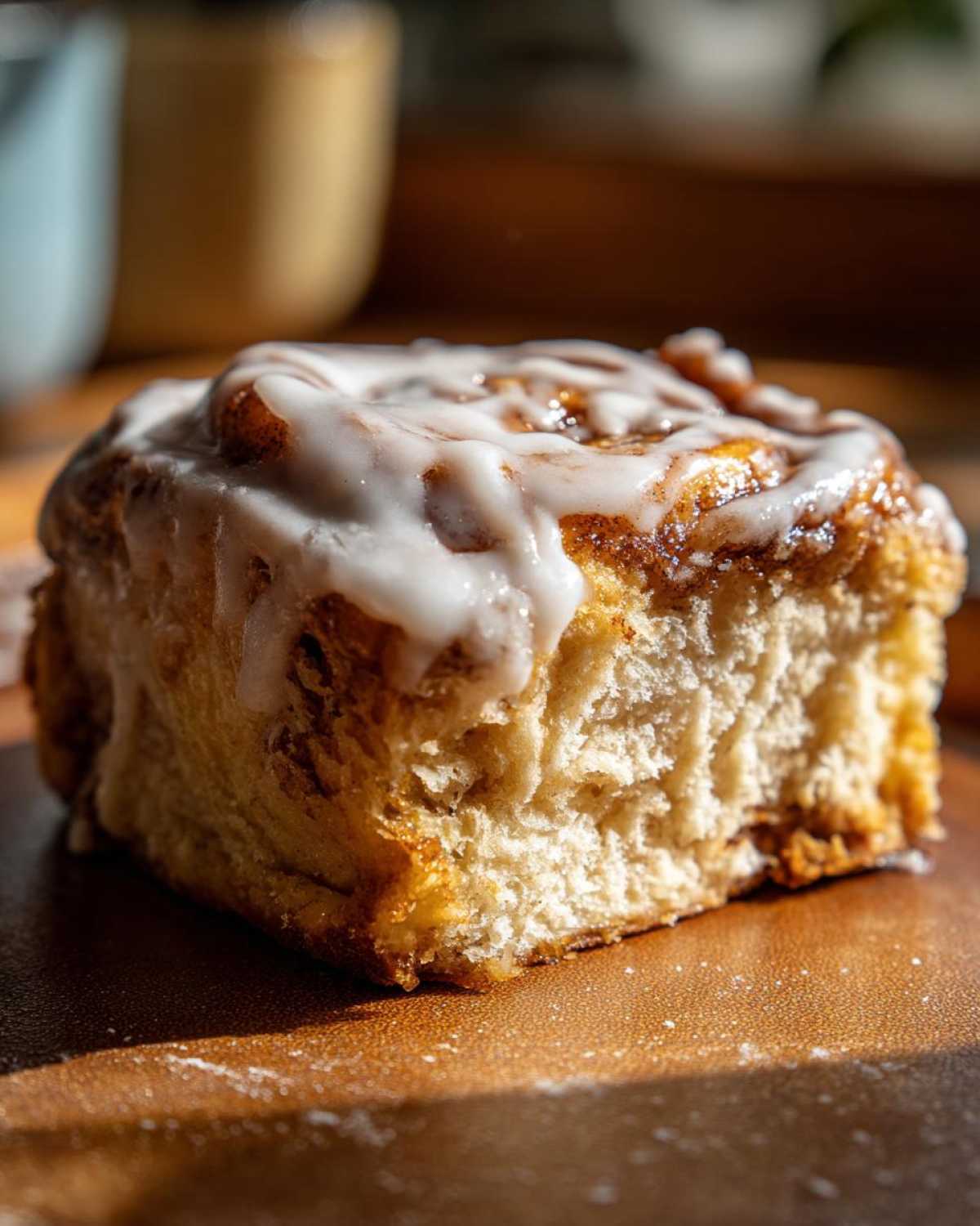 A close-up shot of a single serving piece of moist Cinnamon roll casserole topped with thick white icing.