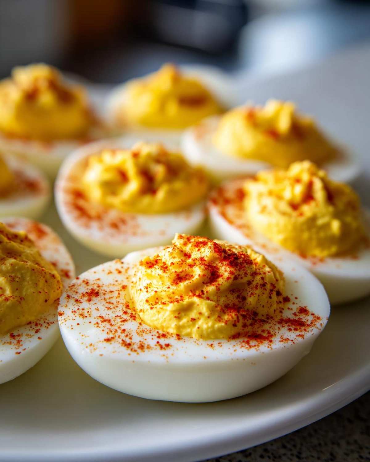 Close-up of several classic deviled eggs arranged on a white plate, topped with creamy yolk filling and sprinkled paprika.