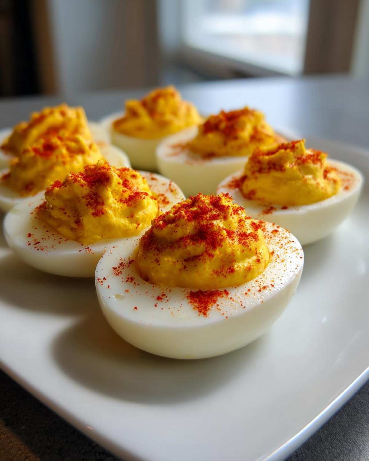 A close-up of six classic deviled eggs arranged on a white plate, topped with creamy yellow filling and sprinkled with paprika.