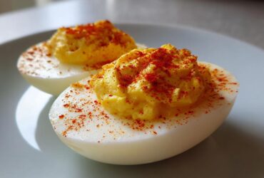 Two halves of classic deviled eggs topped with creamy yolk filling and sprinkled with bright red paprika.