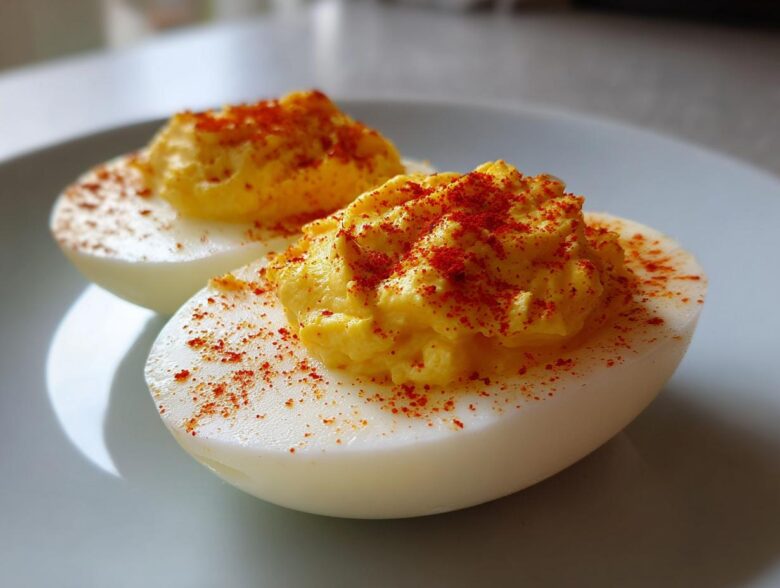 Two halves of classic deviled eggs topped with creamy yolk filling and sprinkled with bright red paprika.