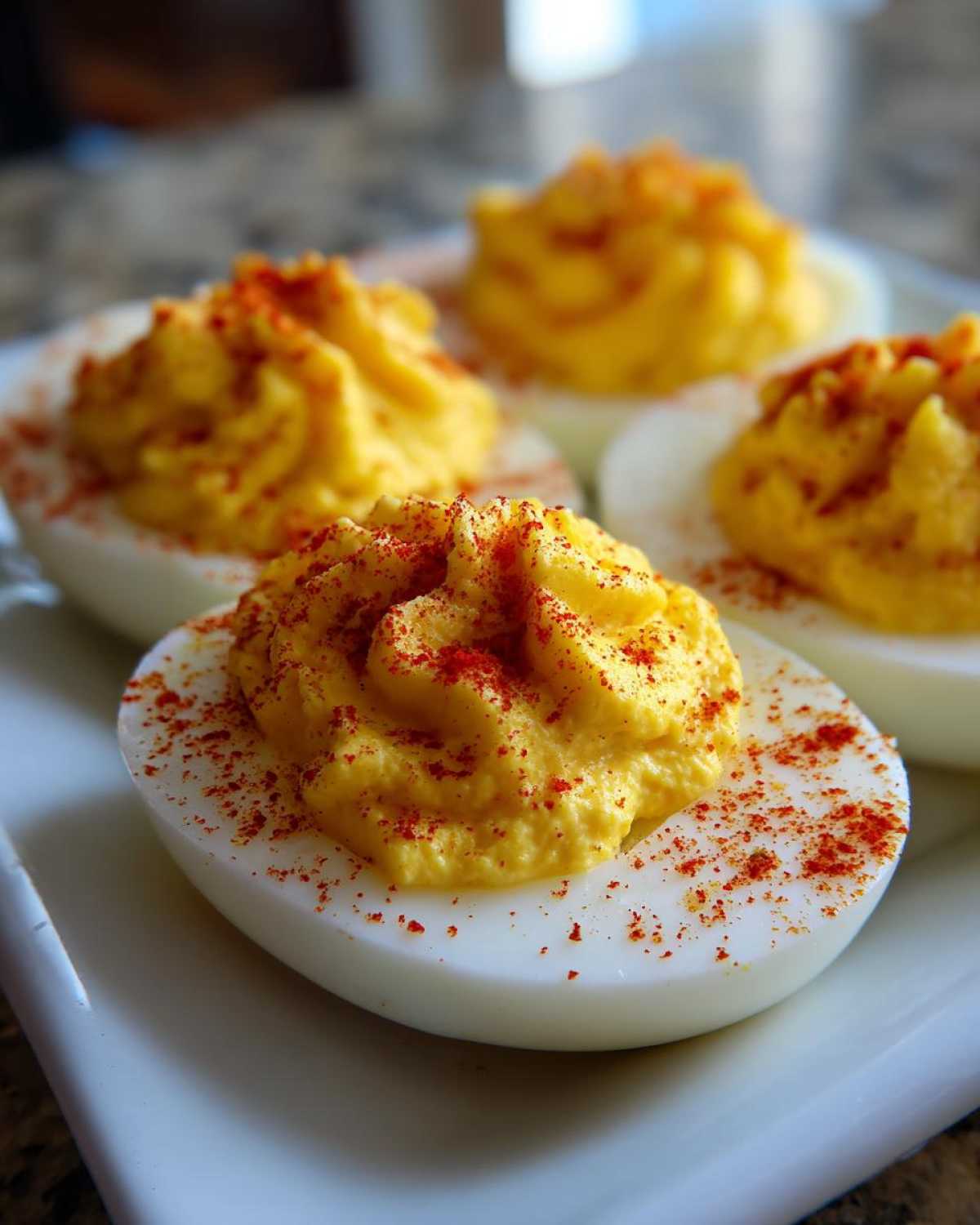 Close-up of four creamy classic deviled eggs piped high and sprinkled with bright red paprika.