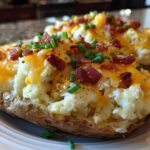 Close-up of a perfectly stuffed twice-baked potatoes topped with melted cheddar, bacon bits, and fresh chives.
