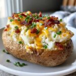 A close-up of a perfectly baked twice-baked potatoes stuffed with creamy filling, melted cheddar, bacon bits, and chives.