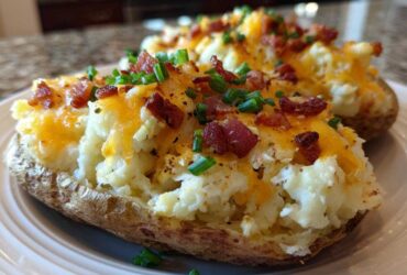 Close-up of a perfectly stuffed twice-baked potatoes topped with melted cheddar, bacon bits, and fresh chives.