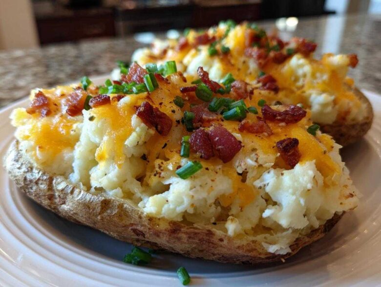 Close-up of a perfectly stuffed twice-baked potatoes topped with melted cheddar, bacon bits, and fresh chives.