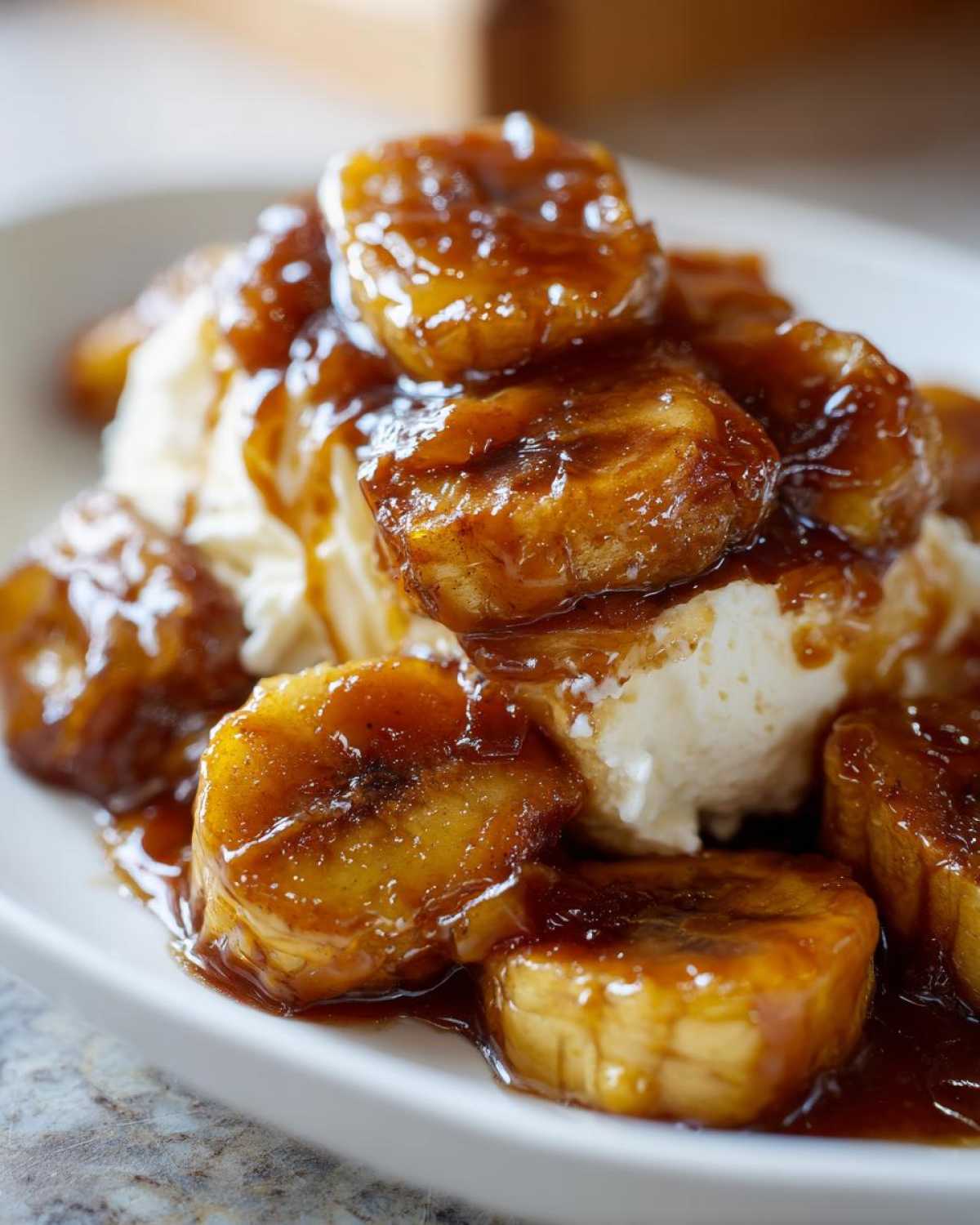 Close-up of caramelized bananas foster sauce poured over vanilla ice cream in a white bowl.