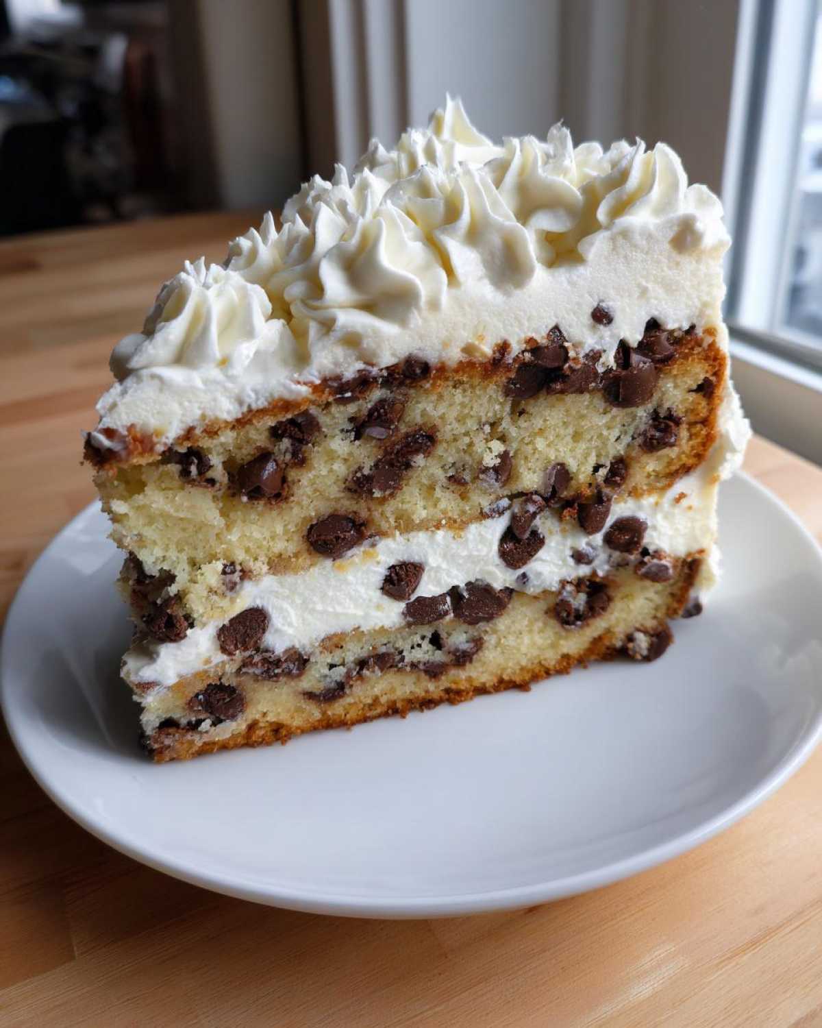 A tall slice of chocolate chip cookie cake recipe layered with white frosting and chocolate chips, served on a white plate.