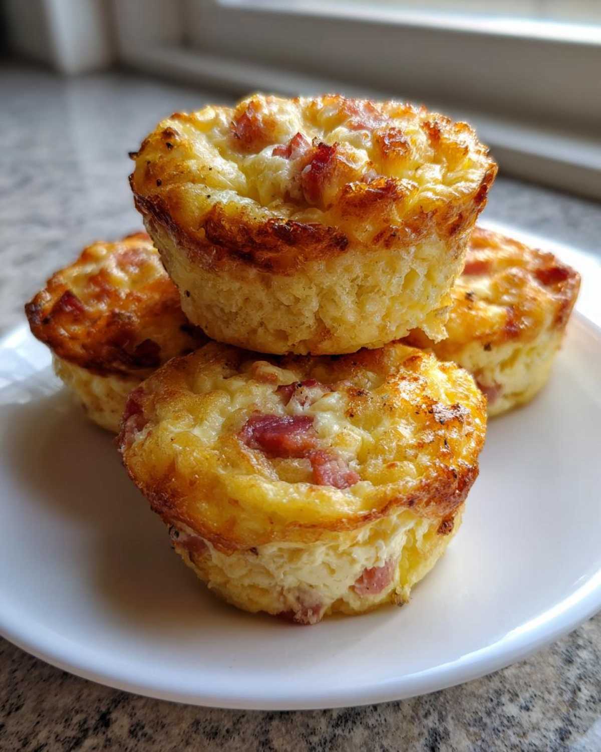 Four baked cottage cheese egg cups with visible bacon pieces stacked slightly on a white plate.