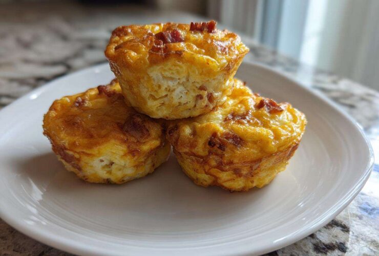 Three golden-brown cottage cheese egg cups starbucks style stacked on a white plate.