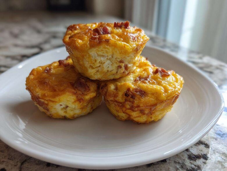 Three golden-brown cottage cheese egg cups starbucks style stacked on a white plate.
