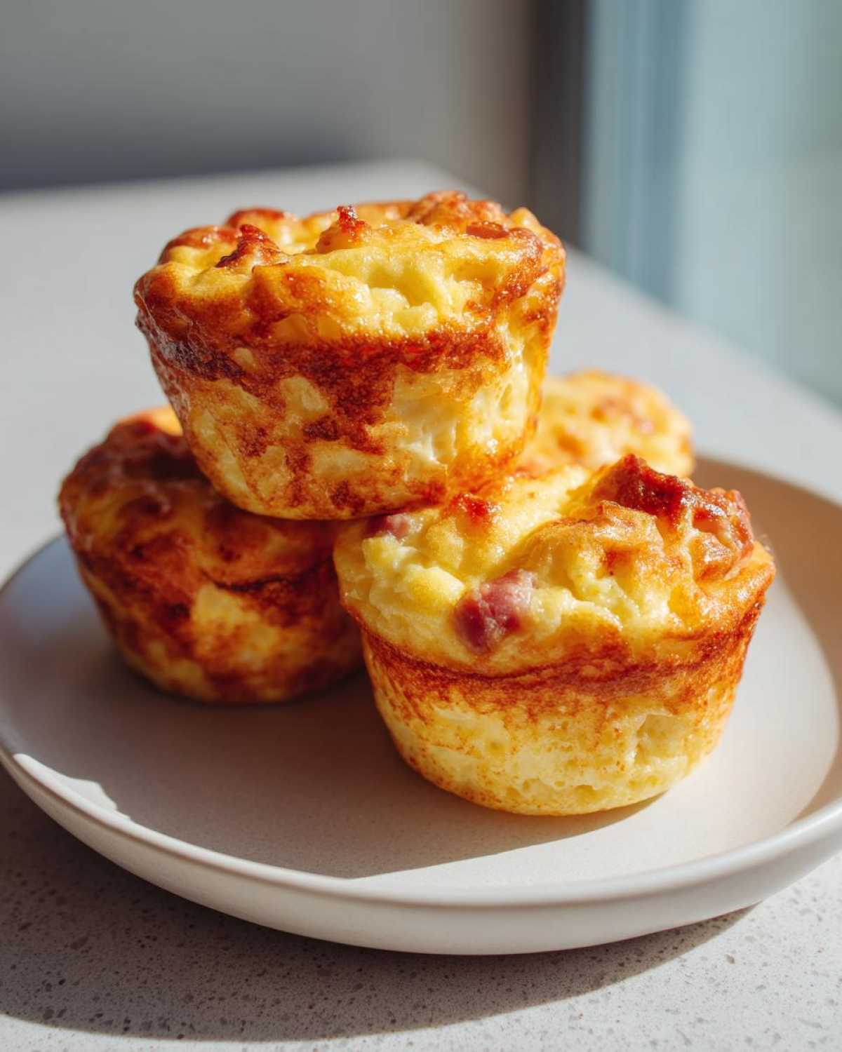 A stack of three golden brown cottage cheese egg cups starbucks style on a light plate.