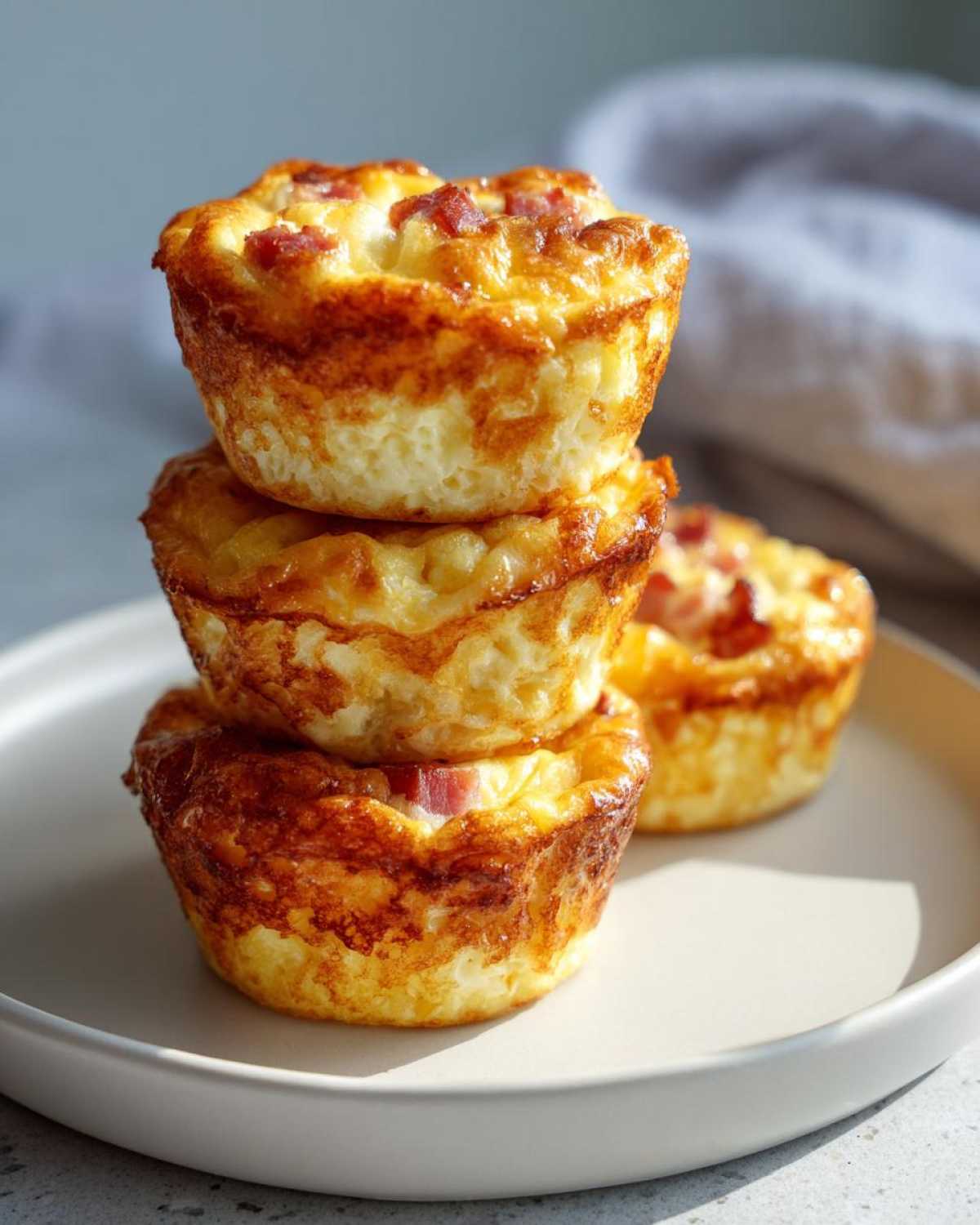 Three golden-brown cottage cheese egg cups starbucks stacked on a light plate, with one visible in the background.