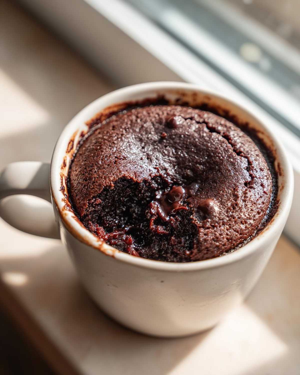Close-up of a rich, dark chocolate Cottage Cheese Microwave Brownie baked inside a white mug.