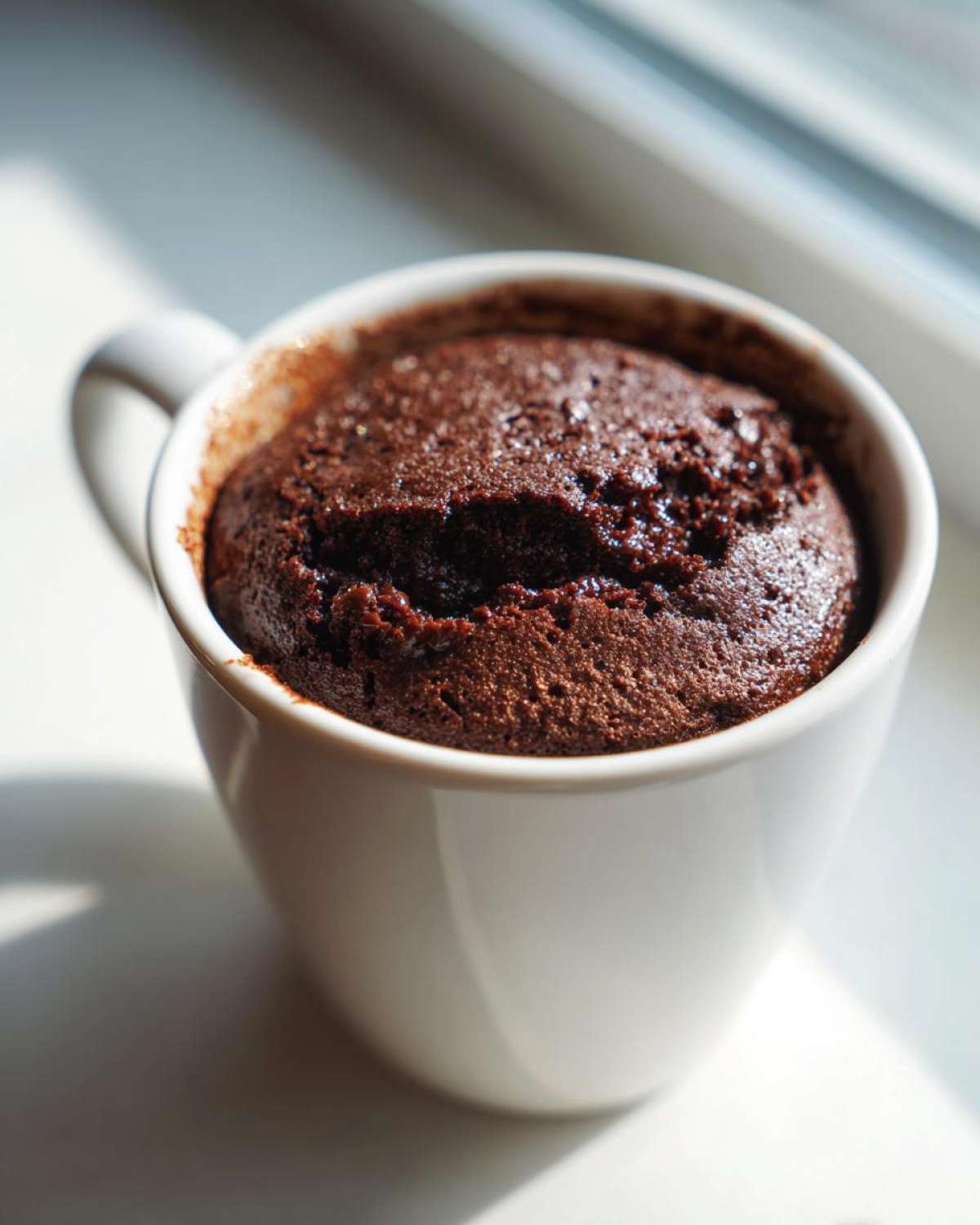 A rich, dark chocolate Cottage Cheese Microwave Brownie baked perfectly inside a white ceramic mug.