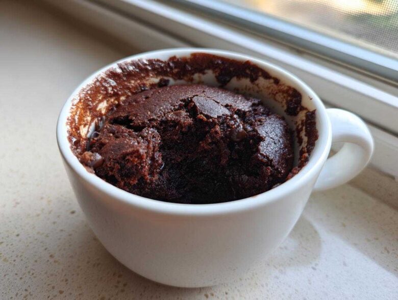 A rich, dark chocolate Cottage Cheese Microwave Brownie baked inside a white mug, sitting on a speckled countertop near a window.