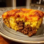 Close-up of a slice of cowboy cornbread casserole showing a savory ground meat filling between layers of golden cornbread.