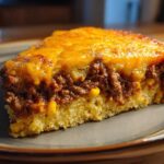 A thick slice of cowboy cornbread casserole showing a bottom layer of cornbread, a middle layer of seasoned ground beef and corn, topped with melted cheddar cheese.