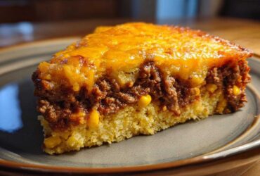 A thick slice of cowboy cornbread casserole showing a bottom layer of cornbread, a middle layer of seasoned ground beef and corn, topped with melted cheddar cheese.