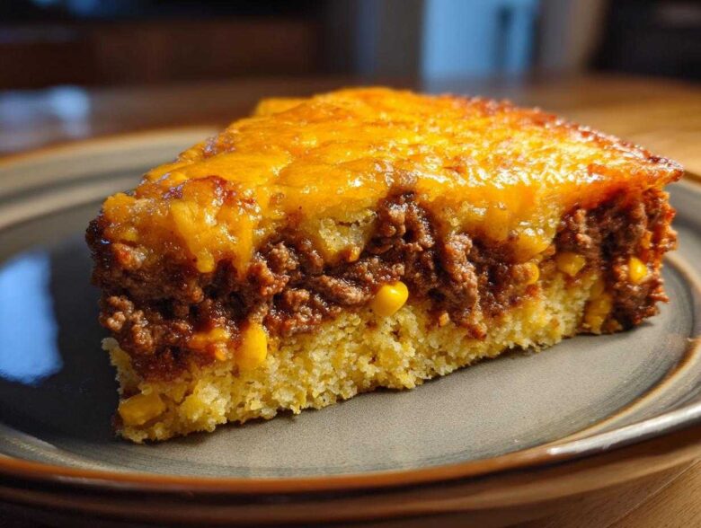 A thick slice of cowboy cornbread casserole showing a bottom layer of cornbread, a middle layer of seasoned ground beef and corn, topped with melted cheddar cheese.