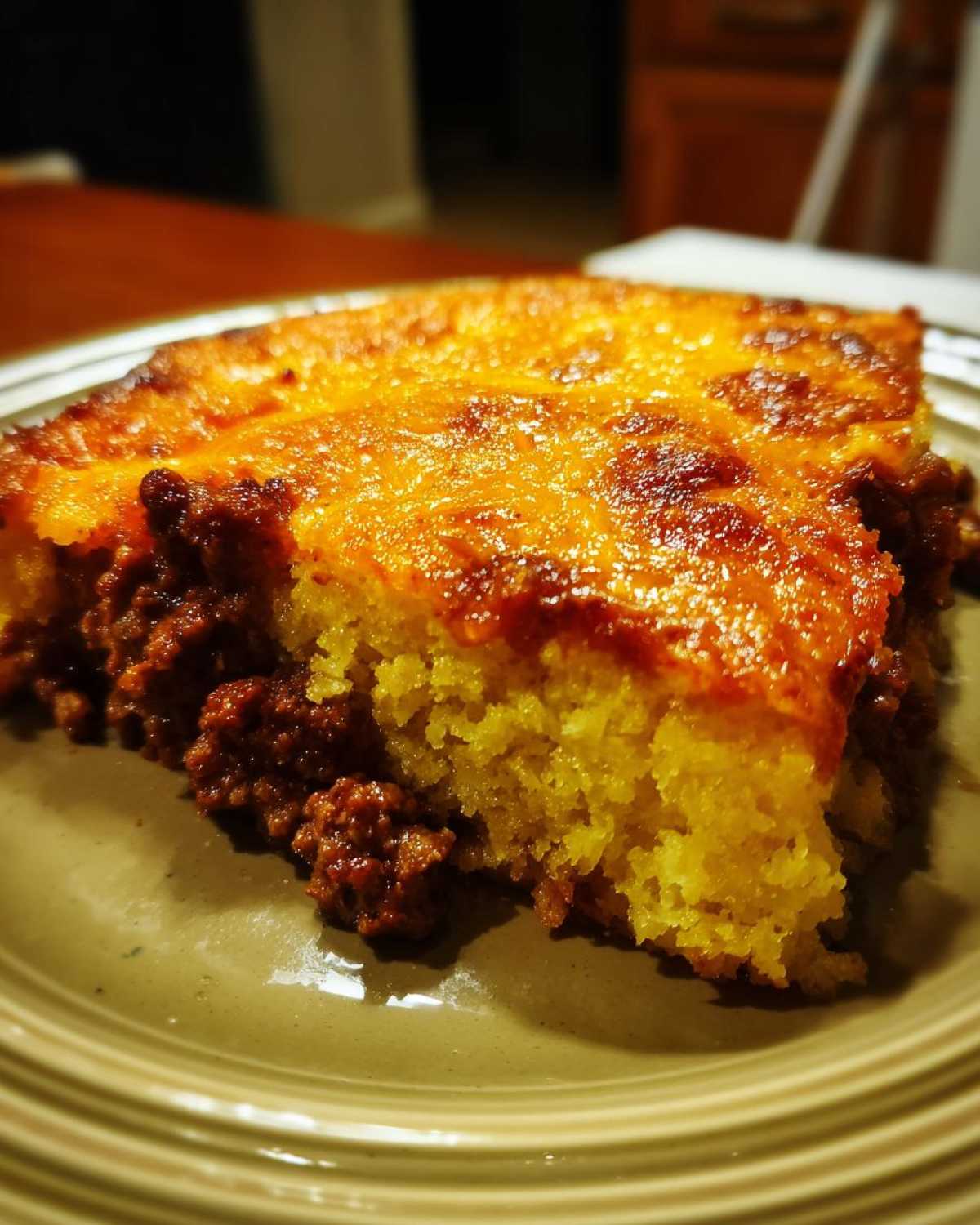 A close-up slice of cowboy cornbread casserole showing a layer of seasoned ground meat topped with melted, browned cheddar cheese.