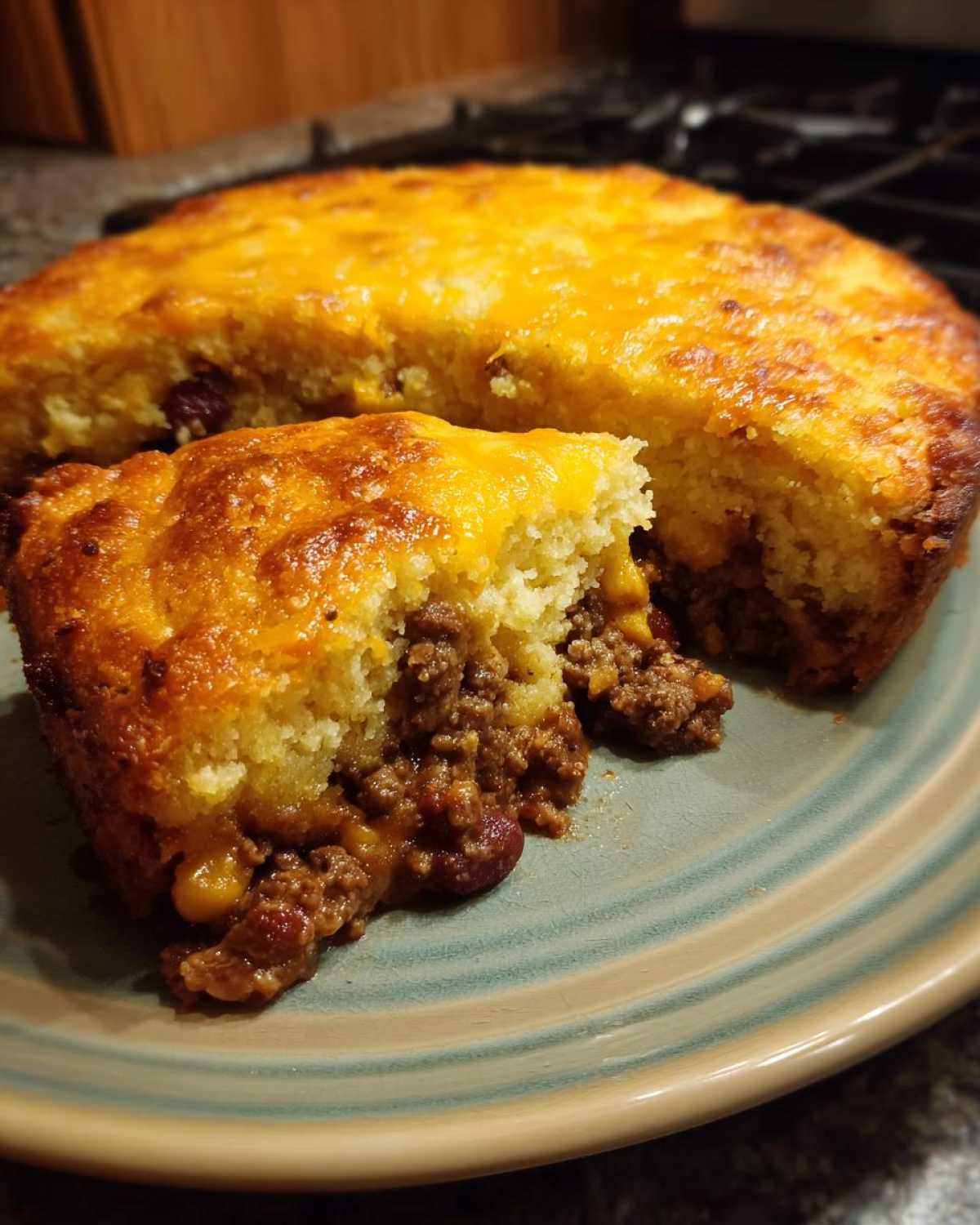 A slice cut from a baked cowboy cornbread casserole, revealing a hearty chili and bean filling inside the cornbread.